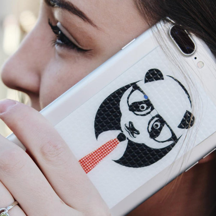 Panda graphic on a cell phone grip that will give you GRIPTION!